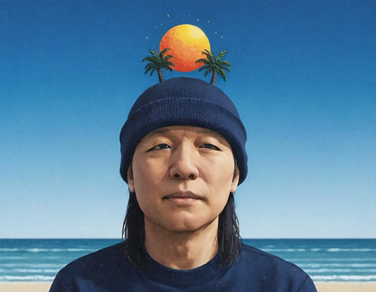 in the sky, the disembodied head of a man in a knit cap is the sun, beach, palm tree 