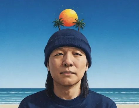 in the sky, the disembodied head of a man in a knit cap is the sun, beach, palm tree <lora:Hiroshi_Nagai_XL-000004:0.8> <lora:Ta...