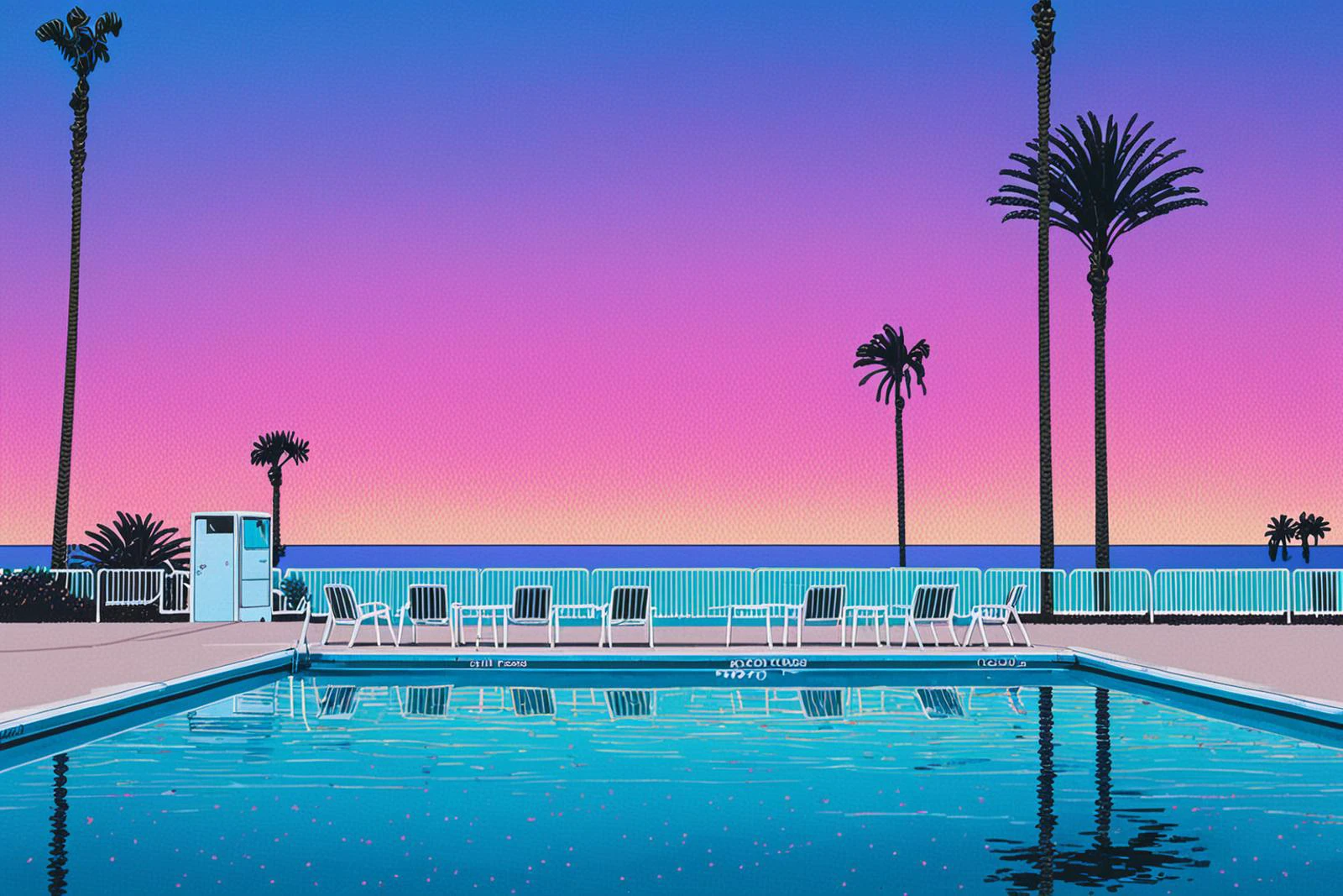 Lifted view of A 80's pool surrounded by beach and Palm Trees at sunset, gradient sky, water reflection, road, chairs, building, 