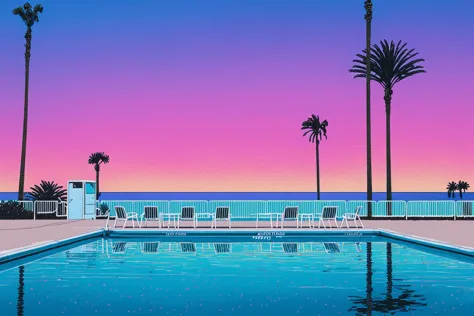 Lifted view of A 80's pool surrounded by beach and Palm Trees at sunset, gradient sky, water reflection, road, chairs, building,...