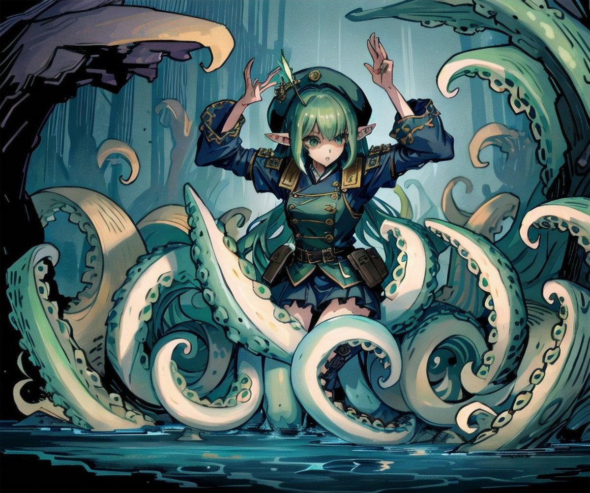 A close up of a person on a giant octopus with a sword - SeaArt AI