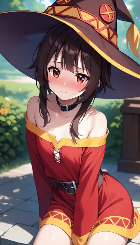 anime girl in a witch hat sitting on a brick walkway