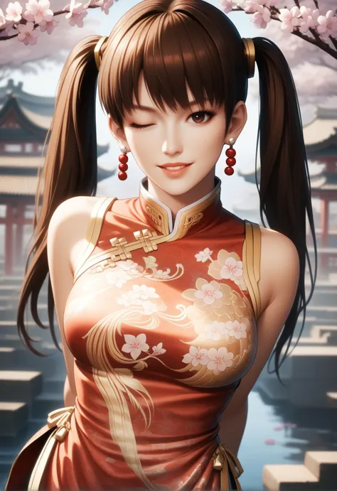 score_9, score_8_up, score_7_up, best quality, intricate details, BREAK 1girl,
<lora:Leifang_Pony_v09:1>  lfchinadress, earrings, china dress, twin braids, hair rings,,
 brown hair, brown eyes, arm behind back, parted lips, light smile, one eye closed, head tilt, bent over, 
cowboy shot, midriff, 
cherry blossoms, bokeh, high contrast, natural skin texture, hyperrealism, soft light, sharp, portrait, artistic photoshoot, colorful, vivid,