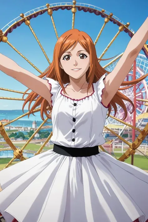 score_9, score_8_up, score_7_up, source_anime, rating_safe, intricate details, (photorealistic:0.6), , , 1girl, inoue orihime, bleach, orange hair, brown eyes, solo, straight-on, amusement park, carousel, ferris wheel, day, spread arms, smile, <lora:bleach_style_pony:0.98>, bleach_style, <lora:sdxl_lightning_8step_lora:1>