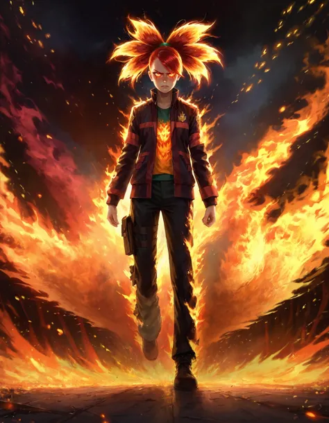 disgusted face, firemode, fiery flannery_\(pokemon\), fire, 1girl, solo, fiery hair, burning, glowing eyes, burning town, burnin...