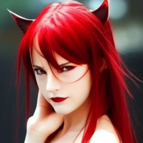 a close up of a woman with red hair and horns on her head