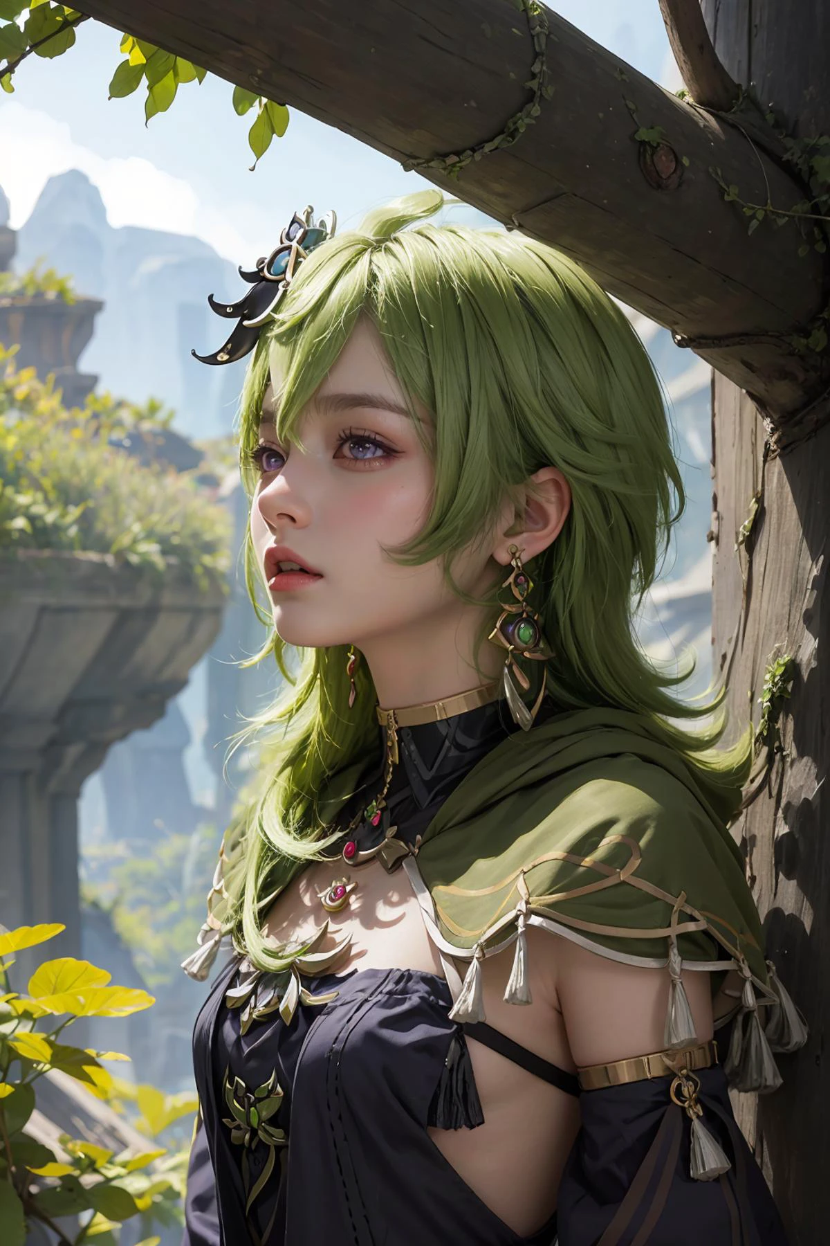 colleidef, collei(genshin impact), light green hair,
1girl,solo, long hair,realistic, light green hair,lips,profile,portrait,closed mouth,nose,from side, best quality, masterpiece, illustration, an extremely delicate and beautiful, extremely detailed ,CG,unity,8k wallpaper, Amazing, finely detail, masterpiece, best quality,official art,extremely detailed CG unity 8k wallpaper,absurdres, incredibly absurdres, huge filesize , ultra-detailed, highres, extremely detailed,beautiful detailed girl, extremely detailed eyes and face, beautiful detailed eyes,light on face,
outdoors, outside, day, forest, treehouse, upper body