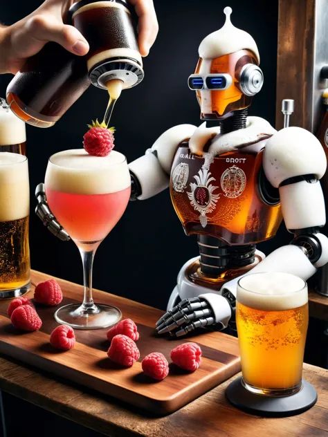 A robot bartender mixing cocktails with a variety of ral-beer flavors, including chocolate stout, raspberry ale, and pineapple I...