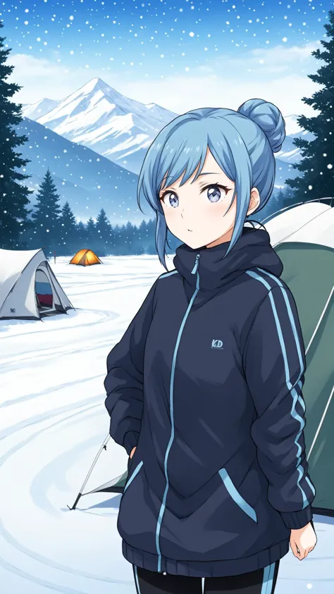 a woman standing in the snow next to a tent and trees