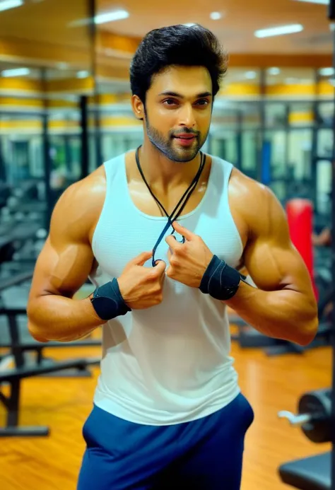 a close up of a man in a gym with a wrist strap