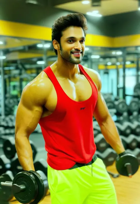 4k, mahesh jadu a man <lora:parth-samthaan_Mahesh-Jadu:1> in the gym, sweaty, muscular, abs, pecs, slight smile, back to camera, flexing, guys in the background admiring him.