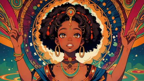 high quality, masterpiece, African queen, afro, psychedelic