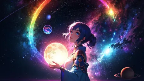 psychedelic, fantasy space, multiple planets, fantasy galaxy, 1girl, psychedelic goddess, rainbow lighting, magical, masterpiece...