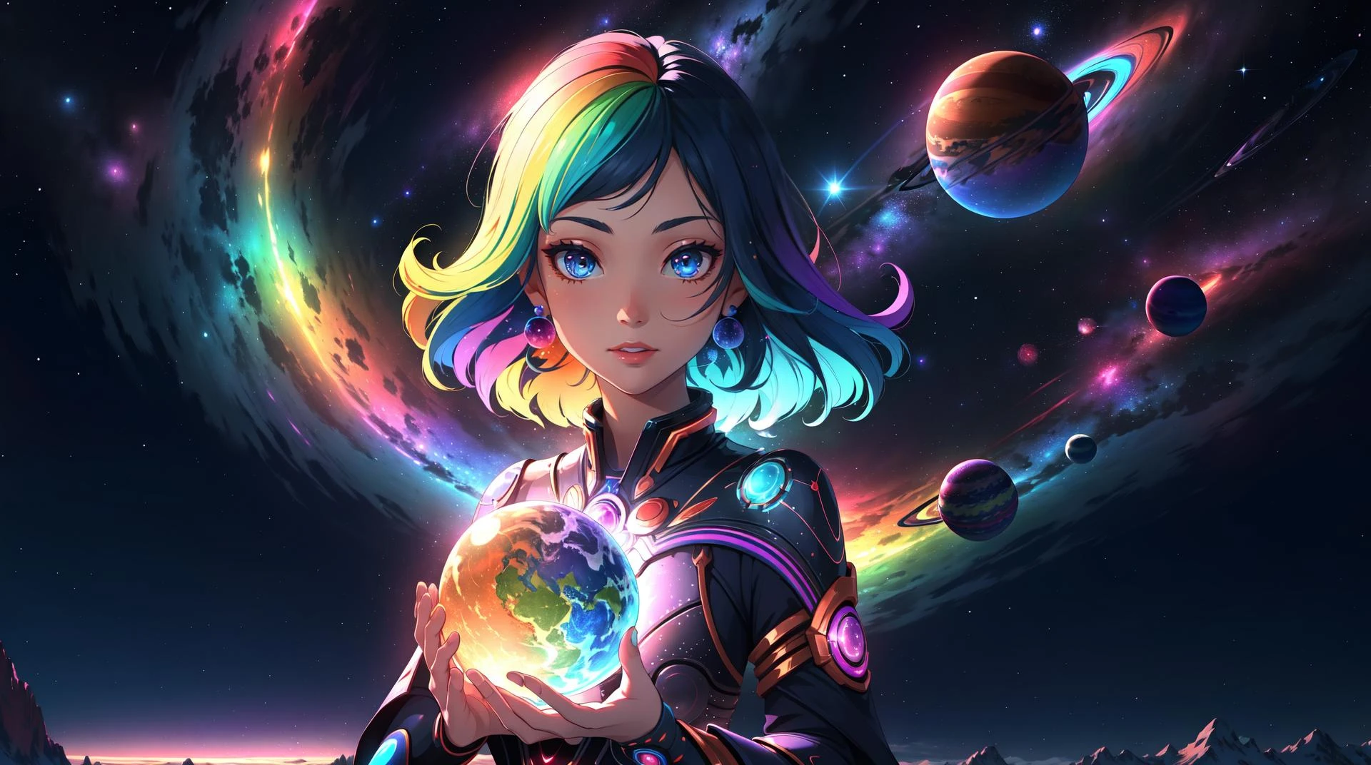 psychedelisch, Fantasiewelten, Mehrere Planeten, fantasy galaxy, 1 Mädchen, psychedelisch goddess, Regenbogenbeleuchtung, magisch, Meisterwerk, gute Qualität, 4k,