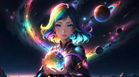 psychedelic, fantasy space, multiple planets, fantasy galaxy, 1girl, psychedelic goddess, rainbow lighting, magical, masterpiece...