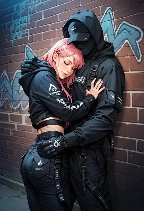 arafed couple in black clothing hugging against a brick wall