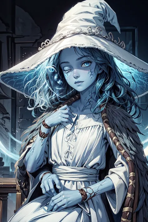 thick outlines, comics, photorealistic, 1girl, solo,  <lora:RanniV4LoRA:0.9>,IncrsRanni, wavy hair, cracked skin, blue skin, colored skin, extra arms, extra faces, doll, joints, doll joints, white dress, hat, cloak, dark tower, detailed background, detailed face, detailed eyes, <lora:add_detail:0.7>