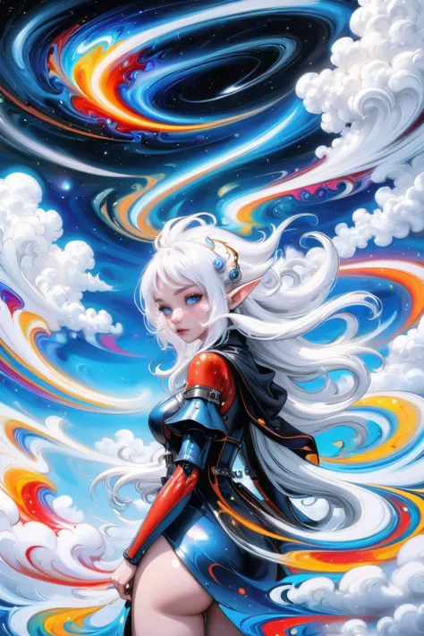 oil painting, cyberpunk, <lora:EnvySendNoodzXL01:0>1girl, woman, witch, elf, bombshell hair, silver hair, medium hair, hourglass figure, albino, (noon, blue sky, clouds, scenery, "at the Moody Ominous Quasar":1.3)<lora:EnvyBetterHiresFixXL01:0:hr=1><lora:EnvySwirlPaintingXL01:1>