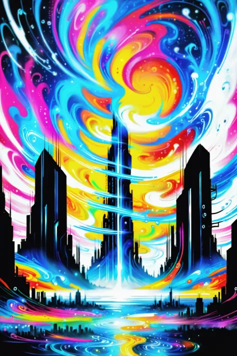 a painting of a city with a rainbow swirl in the sky