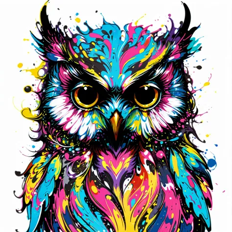 a colorful owl with a big eyes and a colorful feather