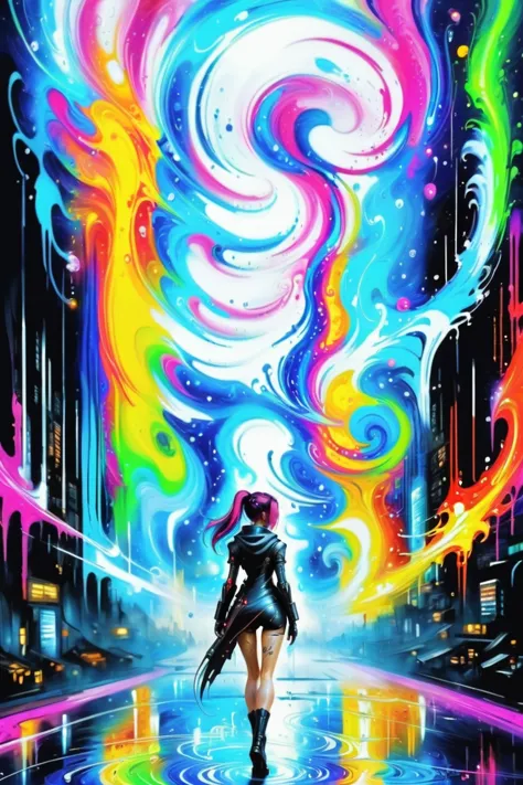 a woman walking in the rain with a colorful swirl in her hand