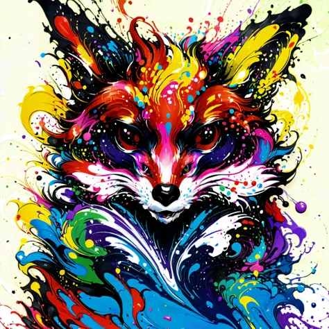 a colorful fox with a big head and colorful paint splatters