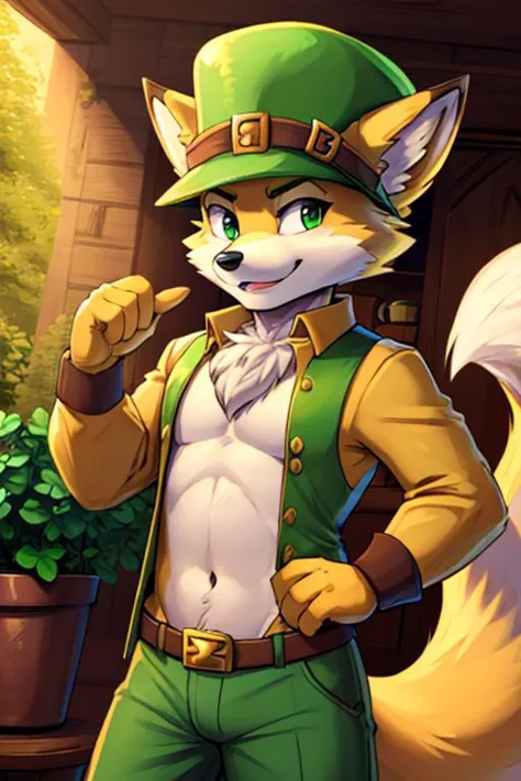 Furry Fox McCloud in leprechaun costume, wearing 4-leaf clover hat, navel, pot of gold