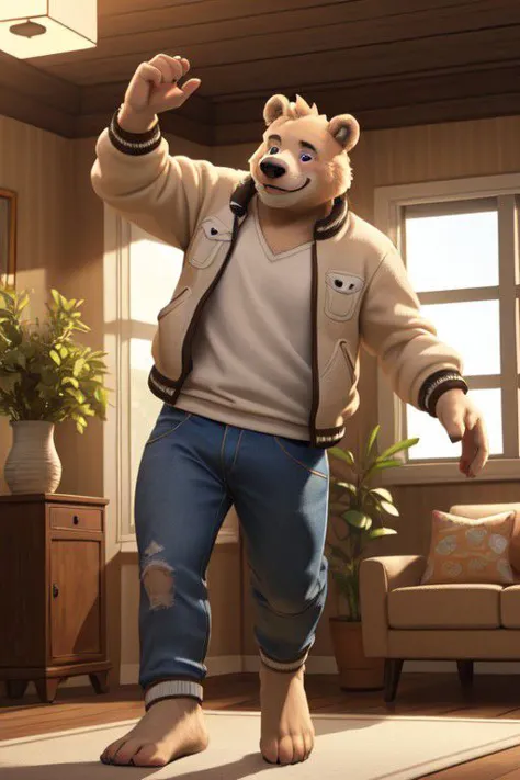 Hyperrealistic furry 3d art, male focus, brawny ice bear (white fur), 4 toes, shirt (roct theme), jacket, pants, barefoot, blush...