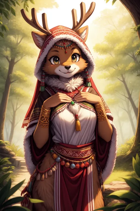 reindeer, anthro, furry, female, feminine, fur, detailed fur
masterpiece, best quality, digital art, (realistic:0.3), cartoon, detailed lines, high resolution, visually stunning
(detailed lighting, depth of field:0.9), detailed color, vivid color
perfect hands, detailed hands
(beautiful, cute, fluffy:1.2), detailed body, perfect breasts, 1girl, solo, smile
outdoors, nature, tribal accessories, tribal clothes