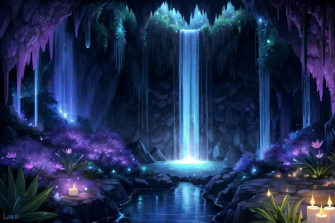 *Tall jungle waterfall background*
*Luni and Luna* *Pink, Blue, Violet, Indigo* *Aloe and Lotus*
*Druid Ruins* *Night* *Fireflies* *Candlelight*
 *Glowing cave entrance*