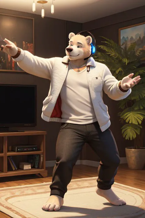 Hyperrealistic furry 3d art, male focus, brawny ice bear (white fur), 4 toes, shirt (roct theme), jacket, pants, barefoot, blush, smile, headphones, pose, living room (modern design, plant), listening rock music, dancing as crazy, Photorealistic, (masterpiece:1.5), concept art, intricate details, highly detailed, photorealistic, octane render, 8k, unreal engine, dynamic pose, best quality, highres, (realistic face:1.1), (hyperrealistic:1.1), ((full_body)), perfect eyes, (((perfect hands))),((dynamic background)), low light