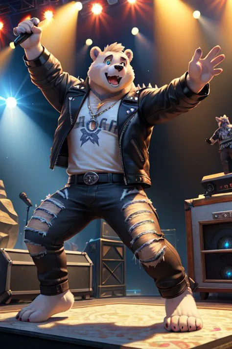 Hyperrealistic furry 3d art, male focus, brawny beefy ice bear with white fur, 4 toes, rock themed shirt, leather jacket with metal spikes, anarchy symbolism, pants, barefoot, mic in one hand, on the stage, in the light of reflectors, singing rock song, dancing as crazy, (masterpiece:1.5), intricate details, highly detailed, octane render, 8k, unreal engine, dynamic pose, best quality, highres, (realistic face:1.1), (hyperrealistic:1.1), ((full_body)), perfect eyes, (((perfect hands))), ((dynamic background)), low light