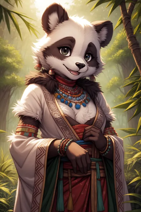 a panda bear dressed in a costume standing in the woods