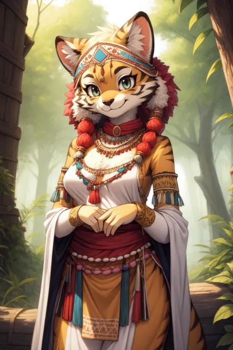 a woman in a tiger costume standing in a forest