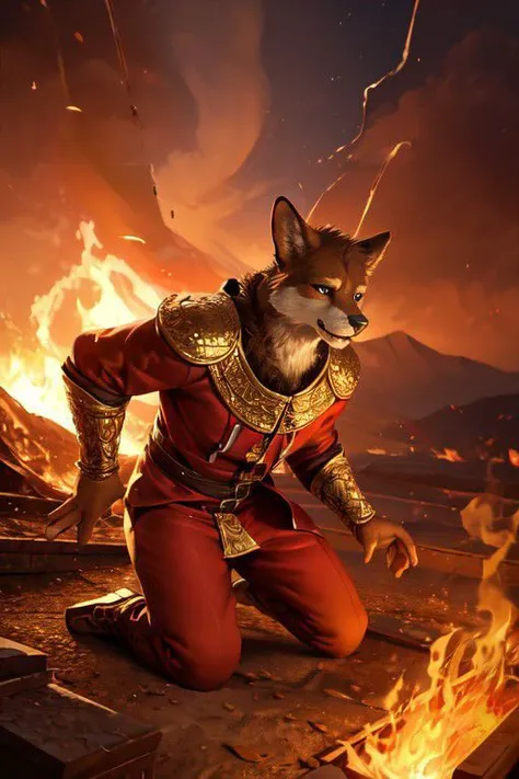 a man in a red outfit kneeling down next to a fire