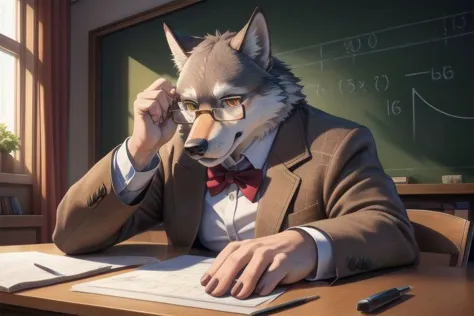 a close up of a person in a suit and tie sitting at a desk with a book and a pen