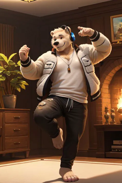 Hyperrealistic furry 3d art, male focus, brawny ice bear (white fur), 4 toes, shirt (roct theme), jacket, pants, barefoot, smile...