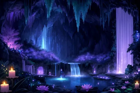 a close up of a waterfall with candles in it and a waterfall in the background