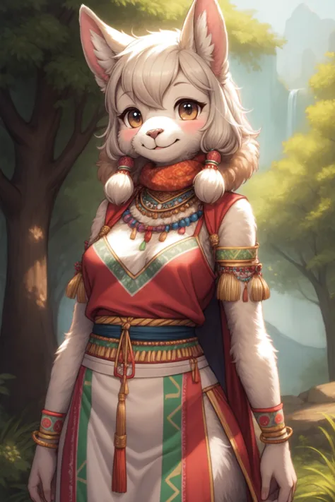 alpaca, anthro, furry, female, feminine, fur, detailed fur
masterpiece, best quality, digital art, (realistic:0.3), cartoon, detailed lines, high resolution, visually stunning
(detailed lighting, depth of field:0.9), detailed color, vivid color
perfect hands, detailed hands
(beautiful, cute, fluffy:1.2), detailed body, perfect breasts, 1girl, solo, smile
outdoors, nature, tribal accessories, tribal clothes, pelvic curtain