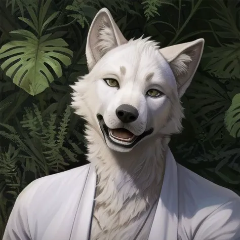 masterpiece, best quality, tongue lolling out of mouth, drool focus, realistic anatomy, jungle, white wolf, tongue out, drool, p...