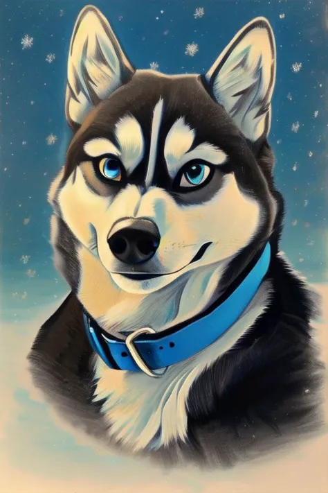 Husky with winter background, blue collar