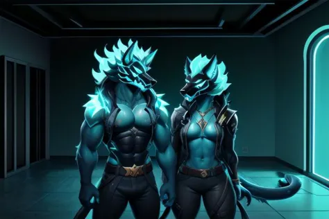 masterpiece, the highest quality, cerberus (fortnite),gold wolf mask,Athens,inside the building, model posing,((neon blue skin))...