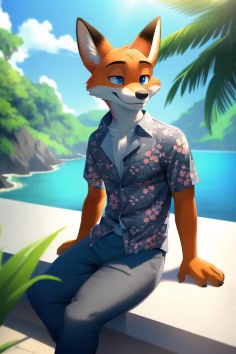 (best quality, highest quality, digital art, intricate, highres, 8k, anthropomorphic, furry, uploaded_on_e621:1.4), ((by Homogenousrule, by Wildering, by Foxovh, by Catcouch)), solo ((nick wilde)) with ((neck tuft)) and (fluffy tail) and ((clear navy blue eyes)), ((half-length portrait)), ((wear blue hawaii floral shirt with grey pants)), BREAK ((sitting at island with plant and water on sunny day, white boat)), (detailed background, depth of field, half body shadow, sunlight, ambient light on the body), (intricate:0.7), (high detail:1.2), (unreal engine:1.3), (sharp focus:1.15), [explicit content, questionable content], (masterpiece, best quality, 4k, 2k, shaded, absurd res)