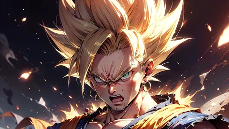 1boy, (male focus:1.1), (detailed muscular fit perfect body:1.2), (detailed beautiful angry songoku face:1.4), (detailed perfect...