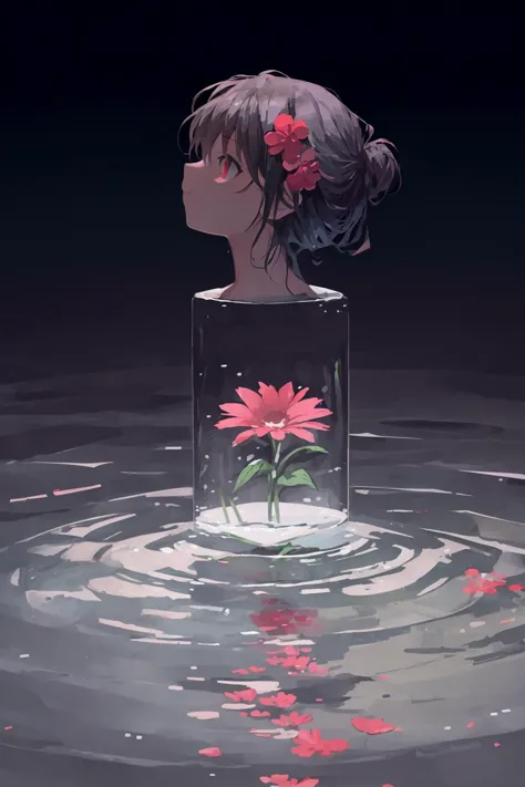 anime girl with flower in glass vase in water