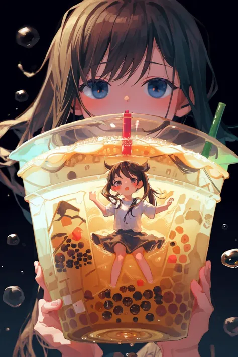 anime girl holding a bubble tea in a cup with bubbles