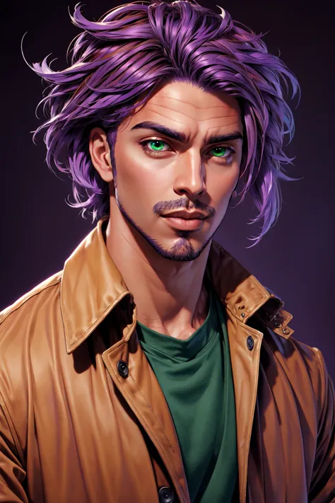 solo, 1boy, male focus, green eyes, light purple hair, stubble, goatee, maroon background, dark skinned male, tan skin, looking at viewer, lips, shirt, jacket, hyur, specular highlights, gradient