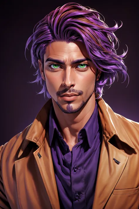 solo, 1boy, male focus, green eyes, light purple hair, stubble, goatee, maroon background, dark skinned male, tan skin, looking at viewer, lips, shirt, jacket, hyur, specular highlights, gradient