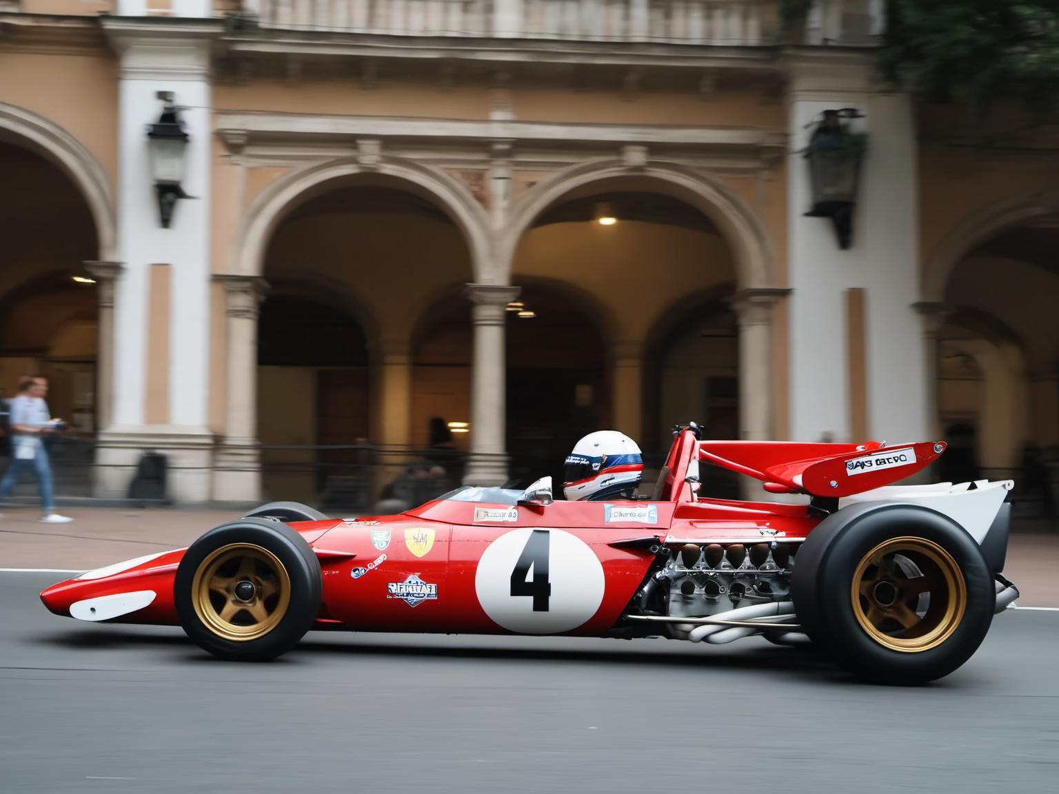 Arafed red race car driving down a street in front of a building - SeaArt AI