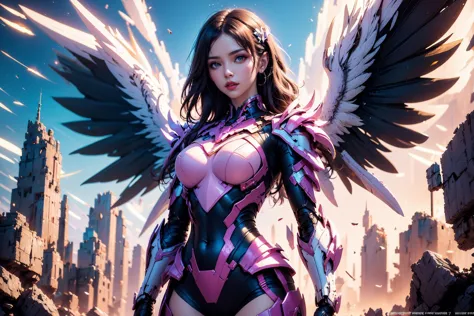 1girl,concept artwork,black hair,(Heroic and heroic girl:1.4),sky,wing,wings with fans,graphics card fan,strong woman mecha warrior,mighty and domineering,cool mecha,32k,pink and white color scheme,white armor,white_background,standing,cowboy_shot,<lora:AG...